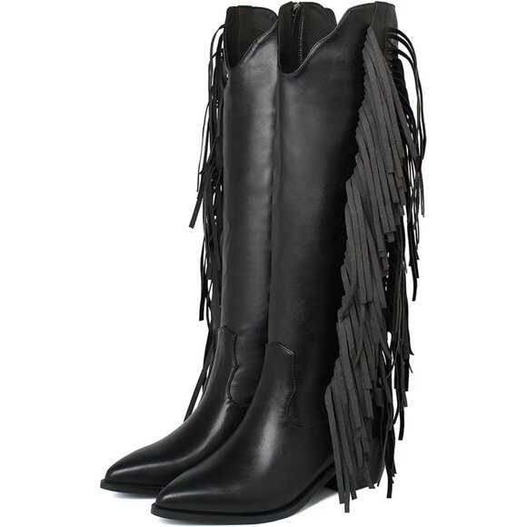 Women Black Synthetic Fringe Tassels Pointed Toe Knee High Western Cowgirl Boots - Picture 7 of 7